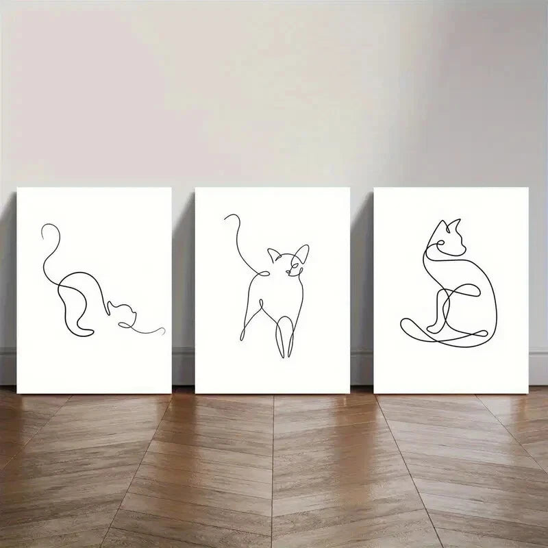 3pcs Abstract Line Cat Minimalist B&W Perfect Wall Art Set Canvas Framed 40x60cm - High Quality Print 100% Australian Made Wall Canvas Ready to Hang - Bella Home Decor