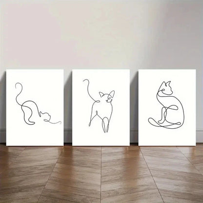 3pcs Abstract Line Cat Minimalist B&W Perfect Wall Art Set Canvas Framed 40x60cm - High Quality Print 100% Australian Made Wall Canvas Ready to Hang - Bella Home Decor
