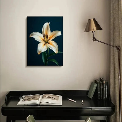 Stunning White Lily on Dark Blue Background Painting  40x60cm Metal Print Ready to Hang - Bella Home Decor