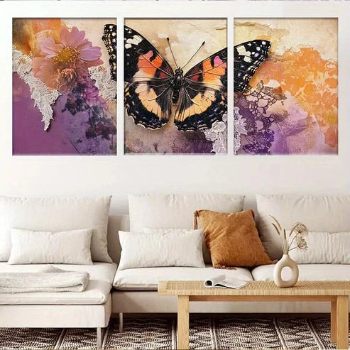3pcs Rustic Floral Lace Vintage Butterfly Wall Art Canvas Unframed - High Quality Print 100% Australian Made Wall Canvas