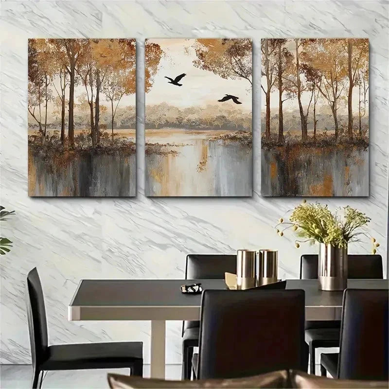 3pcs Sunset Forest Lake Beige Bird Land Perfect Wall Art Set Canvas Framed 50x70cm - High Quality Print 100% Australian Made Wall Canvas Ready to Hang