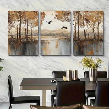3pcs Sunset Forest Lake Beige Bird Land Perfect Wall Art Set Canvas Framed 50x70cm - High Quality Print 100% Australian Made Wall Canvas Ready to Hang