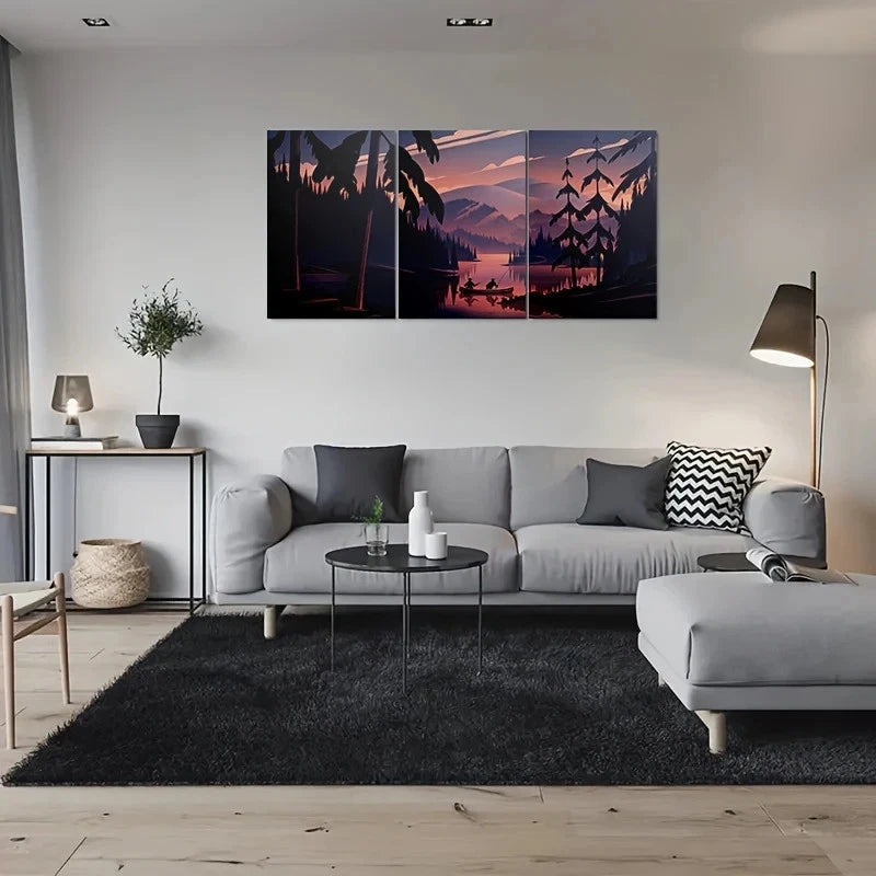 3pcs Sunset Serene Canoe and Trees Metal Print Ready to Hang Art