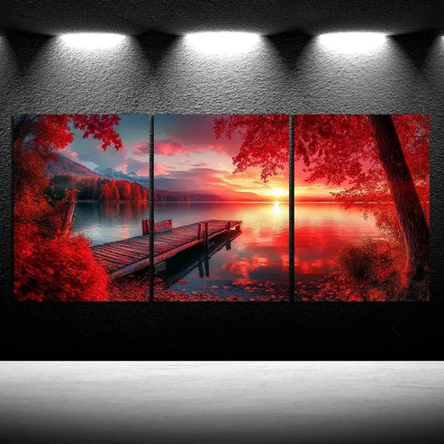 3pcs Pieces Red Leaves Scattered on The Dock Wall Art Canvas - High Quality Print 100% Australian Made Wall Canvas