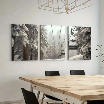 3pcs Snow Winter Scene Ski Chairlift Wall Art Canvas Unframed - High Quality Print 100% Australian Made Wall Canvas