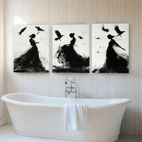3pcs Silhouettes with Birds and Flowing Perfect Wall Art Set Canvas Unframed - High Quality Print 100% Australian Made Wall Canvas