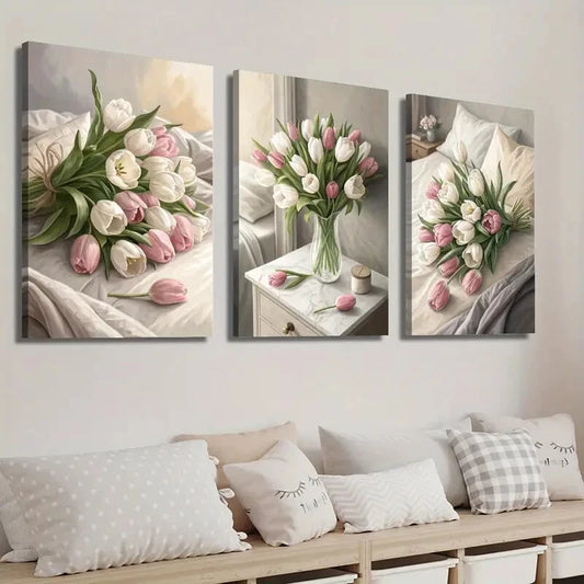 3pcs Tulip Flower Bouquet Botanical Flower Wall Art Set Canvas Framed 40x60cm - High Quality Print 100% Australian Made Wall Canvas Ready to Hang