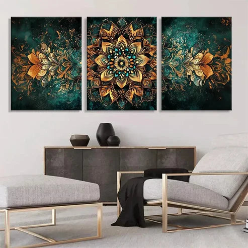 3pcs Golden Mandala Geometric Panel Wall Art Canvas Unframed - High Quality Print 100% Australian Made Wall Canvas - Bella Home Decor