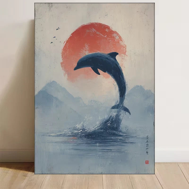 Leaping Dolphin Painting with Red Sun Metal Print Ready to Hang