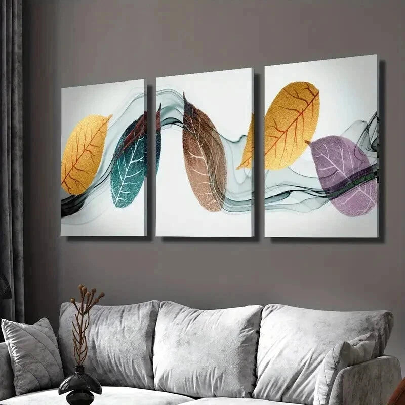3pcs Fashionable Gold Blue Purple Leaves Wall Art Set Canvas Framed 50x70cm - High Quality Print 100% Australian Made Wall Canvas Ready to Hang