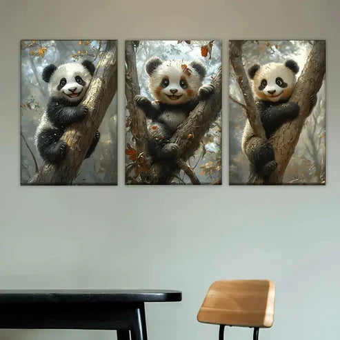 3pcs Three panda bears are sitting in a tree Wall Art Set Canvas Unframed - High Quality Print 100% Australian Made Wall Canvas - Bella Home Decor