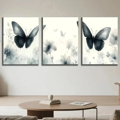 3pcs Black Butterfly & White Flowers Decor Wall Art Set Canvas Framed 50x70cm - High Quality Print 100% Australian Made Wall Canvas Ready to Hang - Bella Home Decor