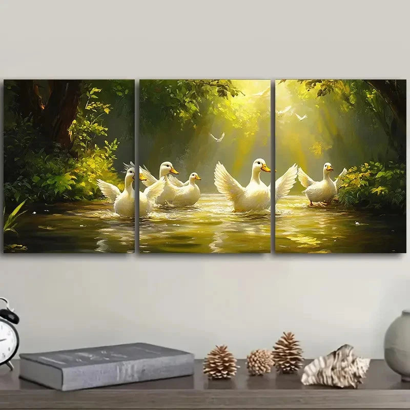 3pcs Serene Ducks by the River Scene Wall Art Set Canvas Framed 40x60cm - High Quality Print 100% Australian Made Wall Canvas Ready to Hang