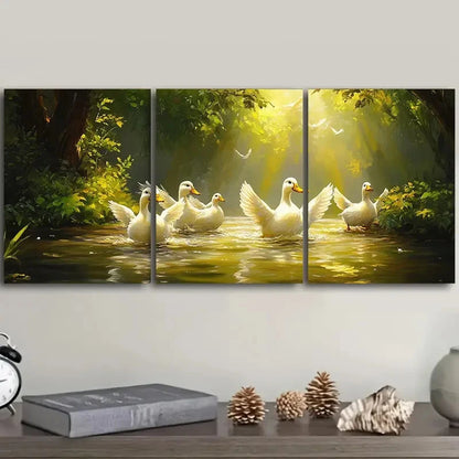3pcs Serene Ducks by the River Scene Wall Art Set Canvas Framed 40x60cm - High Quality Print 100% Australian Made Wall Canvas Ready to Hang