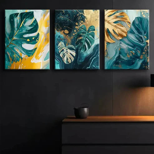 3pcs Colorful Teal and Golden Leaf Perfect Wall Art Set Canvas Unframed - High Quality Print 100% Australian Made Wall Canvas - Bella Home Decor