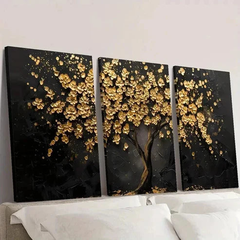 3pcs Abstract Golden Leaf Flower Tree  Wall Art Set Canvas Unframed - High Quality Print 100% Australian Made Wall Canvas - Bella Home Decor