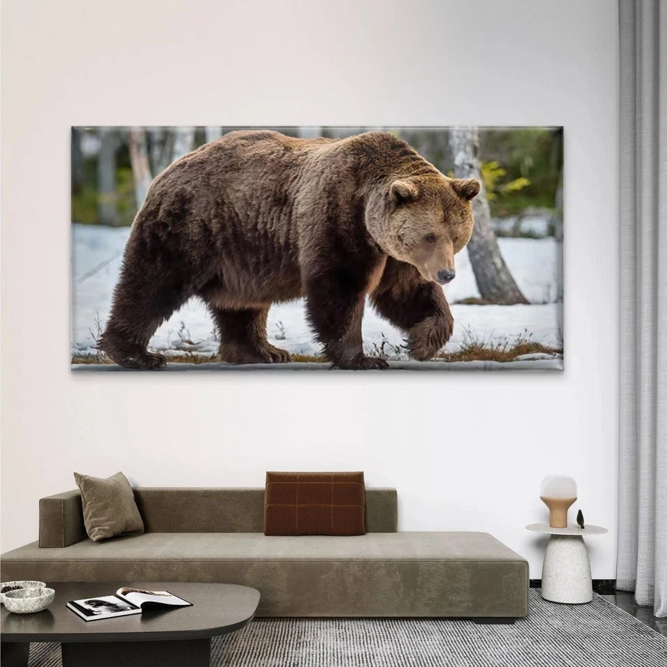 Brown Bear Walking in Snow Wall Art Canvas Office Home Room Framed 120x60cm