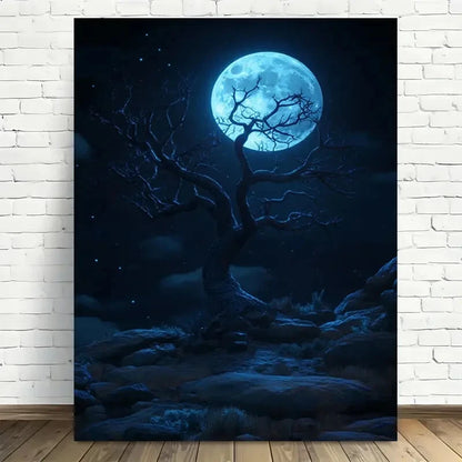 Beautiful Mystic Full Moon Tree Night Painting 40x60cm Metal Print Ready to Hang - Bella Home Decor