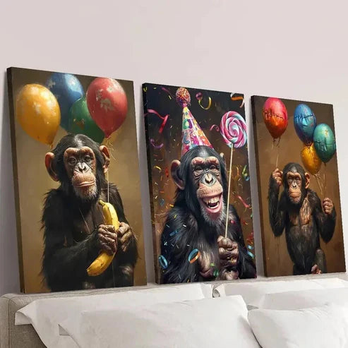 3pcs Chimpanzee with Colorful Balloons Wall Art Set Canvas Unframed - High Quality Print 100% Australian Made Wall Canvas