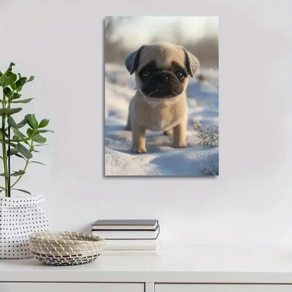 Beautiful Cute Pug Puppy In Snow Painting 40x60cm Metal Print Ready to Hang - Bella Home Decor