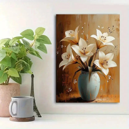 Elegant White Lilies Abstract Floral Painting 40x60cm Metal Print Ready to Hang - Bella Home Decor