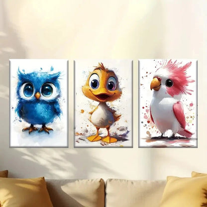 3pcs Cartoon Owl Yellow Duck Pink Parrot Wall Art Set Canvas Framed 40x60cm - High Quality Print 100% Australian Made Wall Canvas Ready to Hang - Bella Home Decor