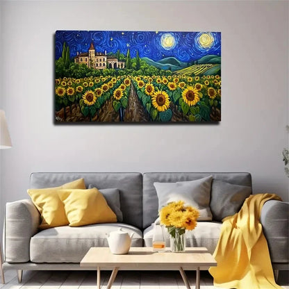 Starry Night Sunflower Field  Wall Art Canvas Office Home Room Framed 120x60cm