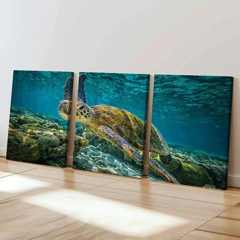 3pcs Sea Life Sea Turtle Modern Painting Wall Art Set Canvas Framed 50x70cm - High Quality Print 100% Australian Made Wall Canvas Ready to Hang - Bella Home Decor