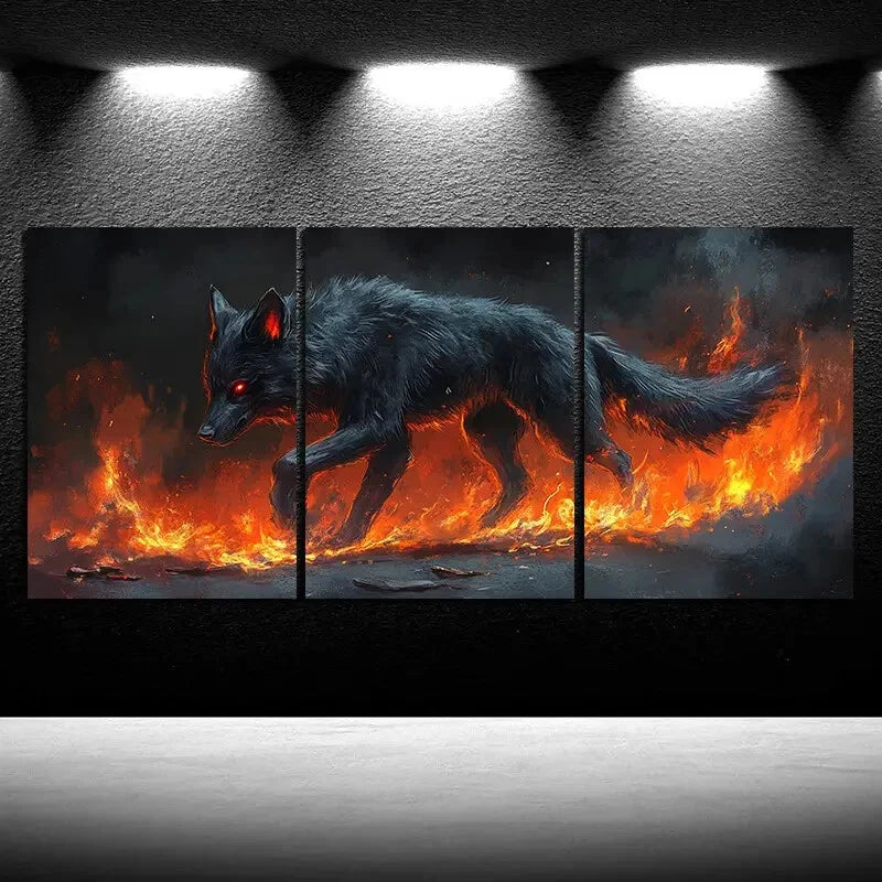 3pcs Wolf Fire Stunning Golden Eyes Metal Print Ready to Hang Art - Bella Home Decor