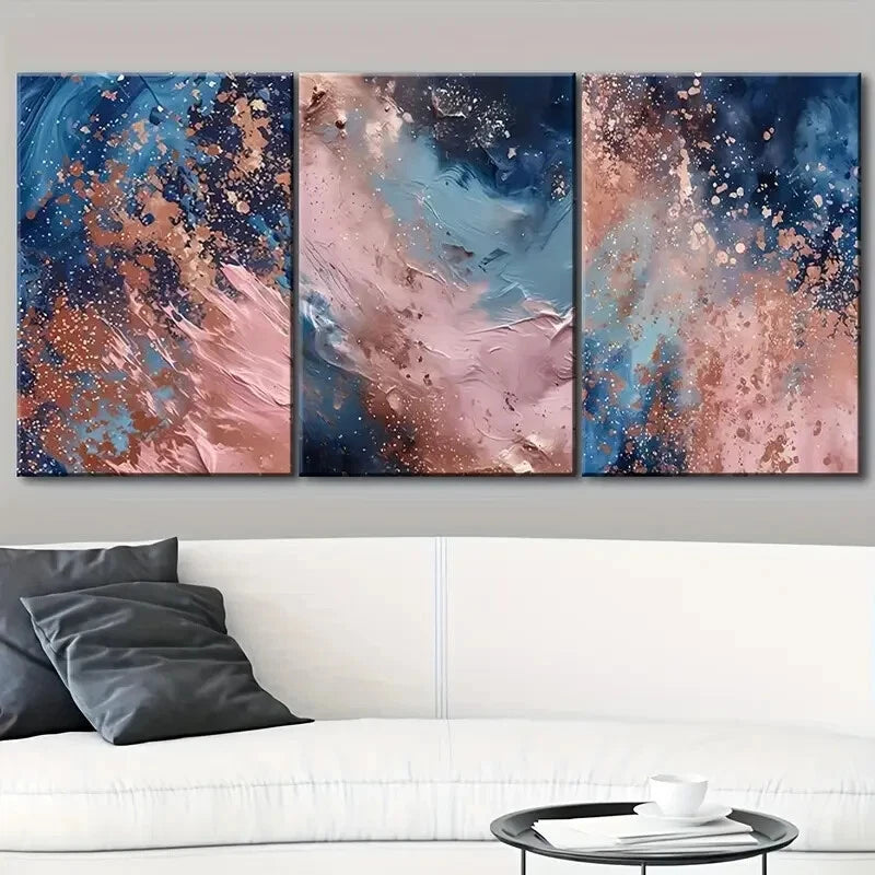 3pcs Navy Pink & Blue Abstract Metal Print Ready to Hang Art - Bella Home Decor