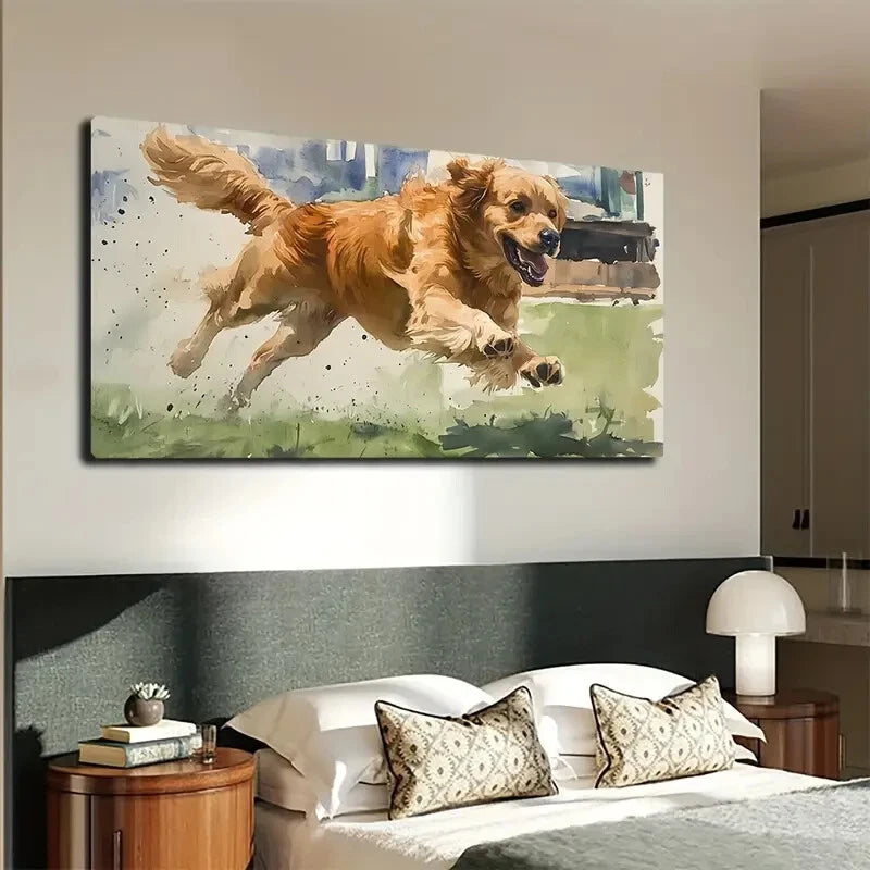 Golden Retriever Running Deco Wall Art Canvas Office Home Room Framed 120x60cm - Bella Home Decor