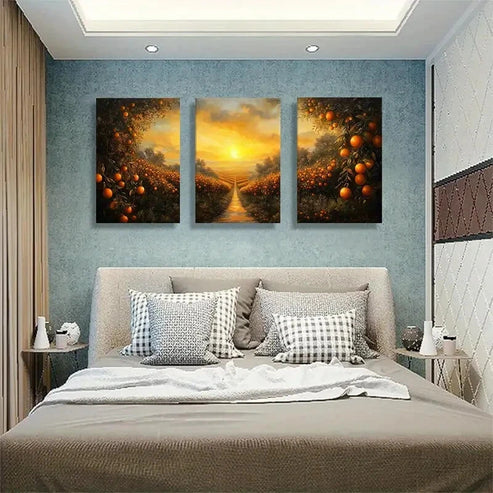 3pcs Orange Orchard Office Golden Sunset Perfect   Wall Art Set Canvas Unframed - High Quality Print 100% Australian Made Wall Canvas