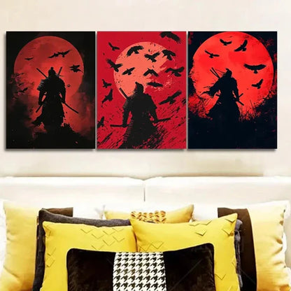 3pcs Japanese Samurai Silhouette Red Waterproof Wall Art Set Canvas Unframed - High Quality Print 100% Australian Made Wall Canvas