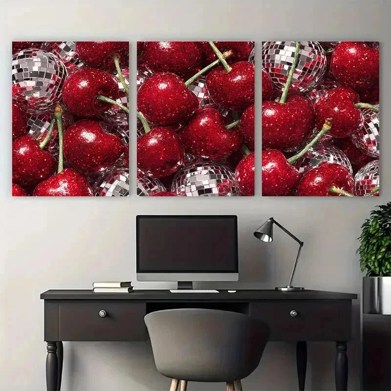 3pcs Disco Ball Red Cherries Preppy Perfect Wall Art Set Canvas Framed 50x70cm - High Quality Print 100% Australian Made Wall Canvas Ready to Hang - Bella Home Decor