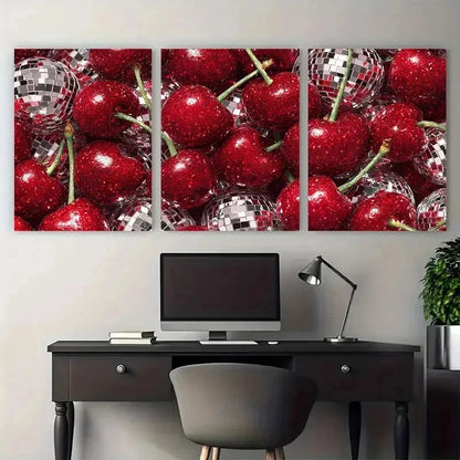 3pcs Disco Ball Red Cherries Preppy Perfect Wall Art Set Canvas Framed 50x70cm - High Quality Print 100% Australian Made Wall Canvas Ready to Hang - Bella Home Decor