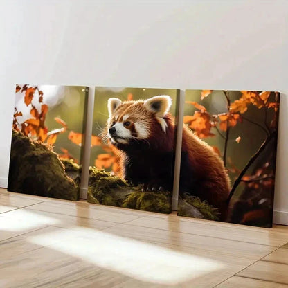 3pcs Cute Red Panda on a Red Leaved Tree Wall Art Set Canvas Framed 50x70cm - High Quality Print 100% Australian Made Wall Canvas Ready to Hang - Bella Home Decor