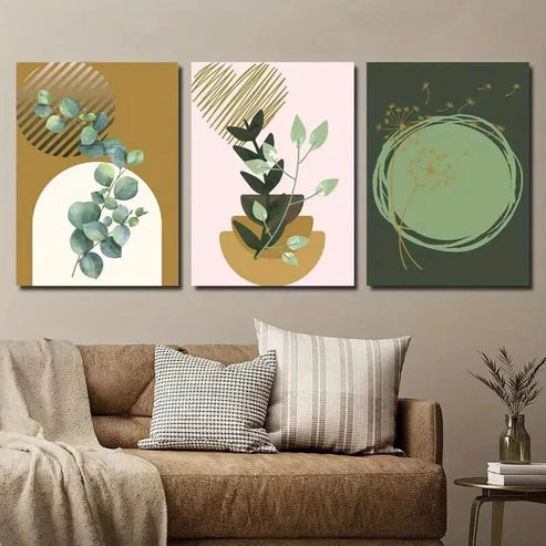 3pcs Green & Golden Eucalyptus Leave & Dandelion Wall Art Set Canvas Unframed - High Quality Print 100% Australian Made Wall Canvas