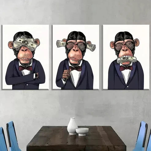3pcs Modern Aesthetic Fashion Monkey Gentleman Canvas Unframed - High Quality Print 100% Australian Made Wall Canvas