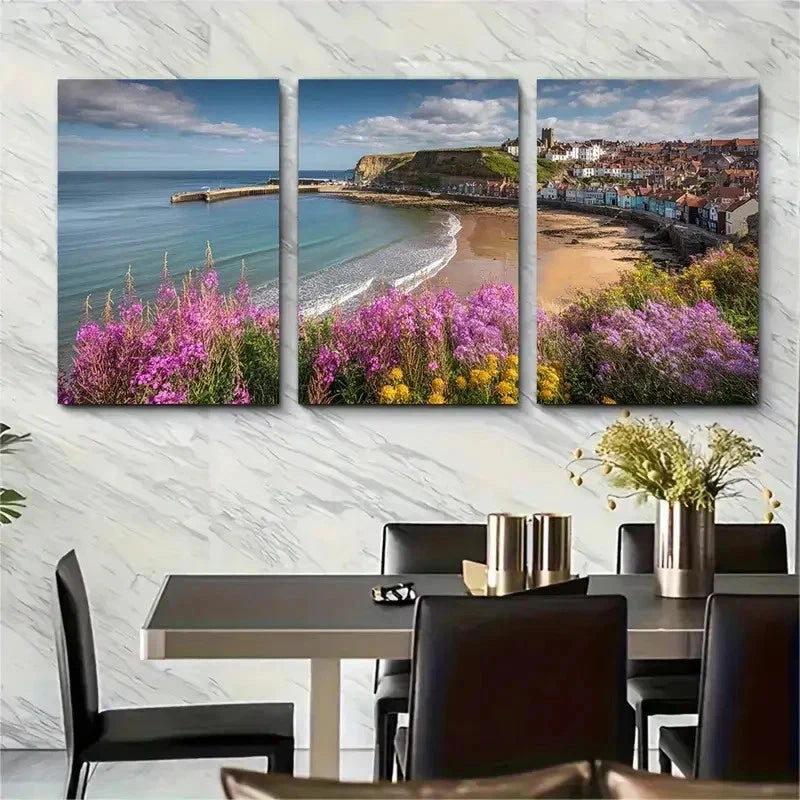 3pcs Whitby Posters Travel Coastal Decor Perfect Wall Art Set Canvas Framed 50x70cm - High Quality Print 100% Australian Made Wall Canvas Ready to Hang