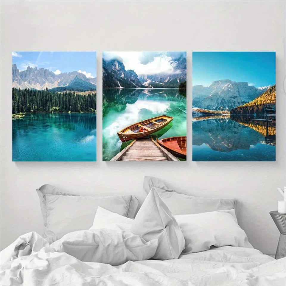 3pcs Rustic Cabin Lake Mountain Forest View Metal Print Ready to Hang Art