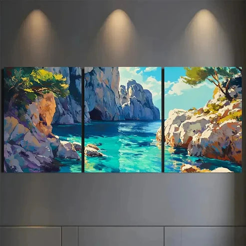 3pcs Vibrant Coastal With Blue Seas & Rocks Wall Art Set Canvas Unframed - High Quality Print 100% Australian Made Wall Canvas