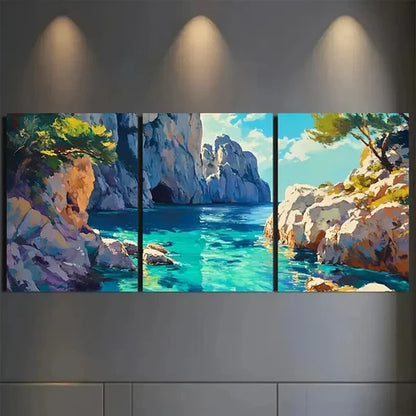 3pcs Vibrant Coastal With Blue Seas & Rocks Wall Art Set Canvas Unframed - High Quality Print 100% Australian Made Wall Canvas