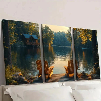 3pcs Lake House Scenery with Wooden Chairs Wall Art Set Canvas Framed 60x90cm - High Quality Print 100% Australian Made Wall Canvas Ready to Hang - Bella Home Decor