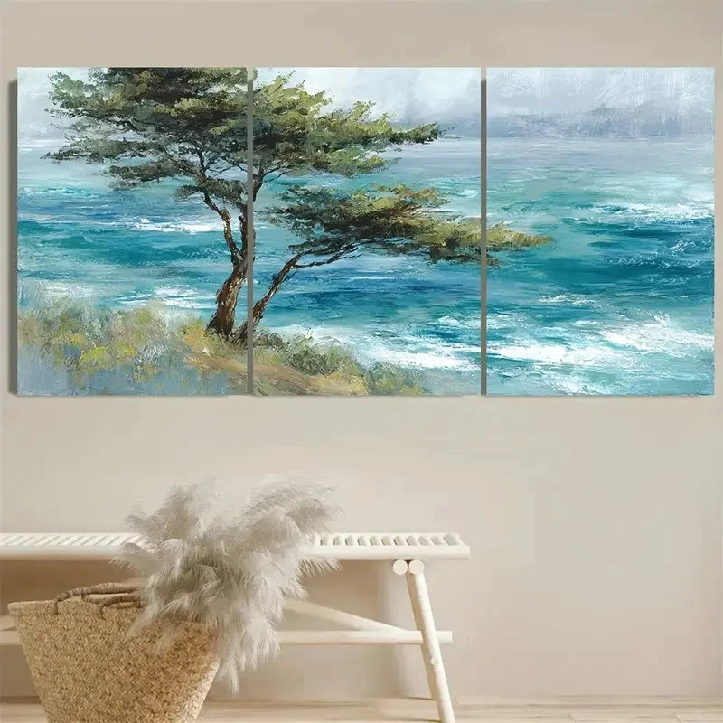 3pcs Coastal Whisper Pine Trees Modern Seascape Wall Art Set Canvas Framed 50x70cm - High Quality Print 100% Australian Made Wall Canvas Ready to Hang - Bella Home Decor