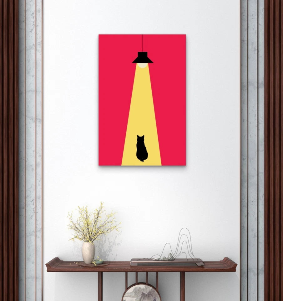 Minimalist Black Cat Under a Spotlight Pop Art 40x60cm Metal Print Ready to Hang
