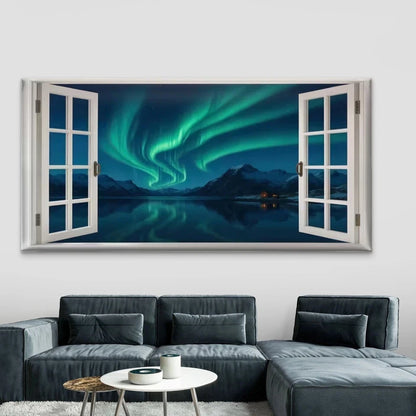 Northern Lights Window View Wall Art Canvas Office Home Room Framed 120x60cm