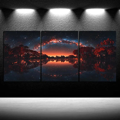 3pcs Forest Lake Reflections Golden Metal Print Ready to Hang Art - Bella Home Decor