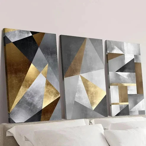 3pcs Gold Black & Gray Geometric Print Wall Art Set Canvas Unframed - High Quality Print 100% Australian Made Wall Canvas - Bella Home Decor