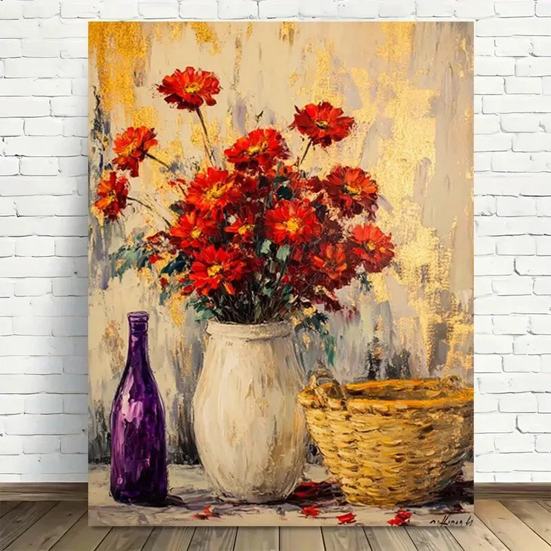 Beautiful Vibrant Red Flowers Wicker Basket & Purple 40x60cm Metal Print Ready to Hang - Bella Home Decor