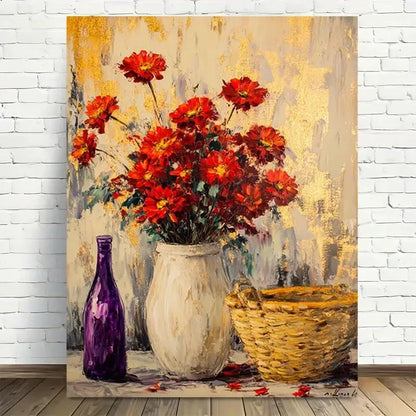 Beautiful Vibrant Red Flowers Wicker Basket & Purple 40x60cm Metal Print Ready to Hang - Bella Home Decor